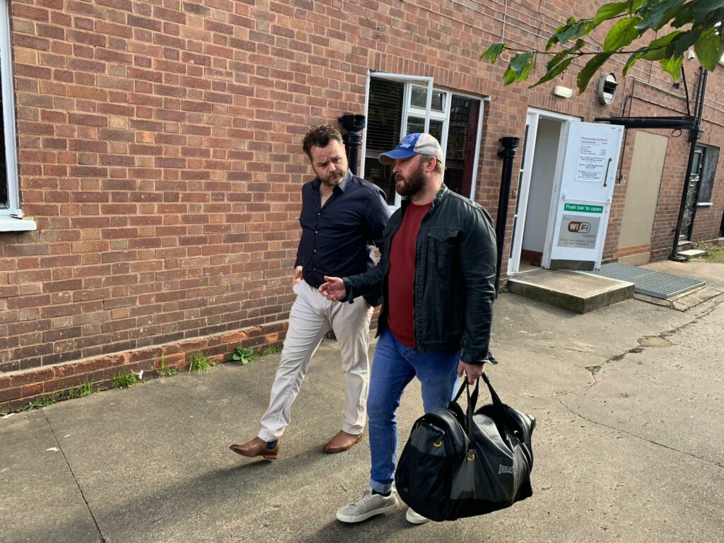 Australian actor Robert Roworth with British actor Johnny Kinch leaving John Skillen Martial Arts and Fitness Center in Loughborough